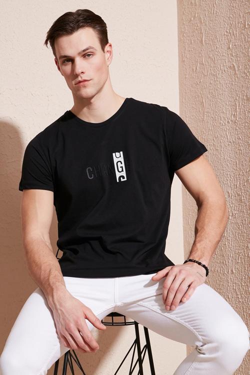 Pamuklu Slim Fit Bisiklet Yaka Erkek T Shirt 541CHANGE24 SİYAH