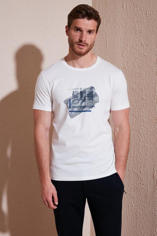 Pamuklu Slim Fit Bisiklet Yaka Erkek T Shirt 646R8130 EKRU