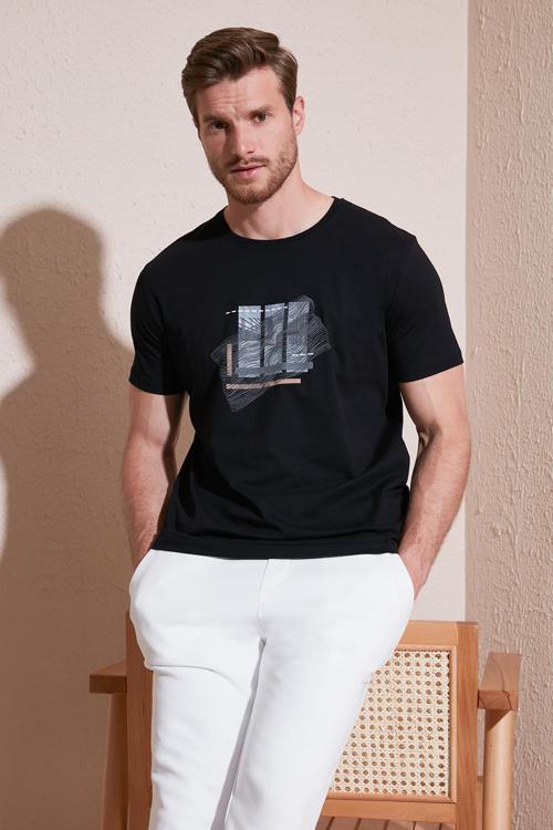 Pamuklu Slim Fit Bisiklet Yaka Erkek T Shirt 646R8130 SİYAH