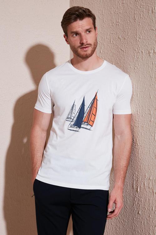 Pamuklu Slim Fit Bisiklet Yaka Erkek T Shirt 646R7810 EKRU