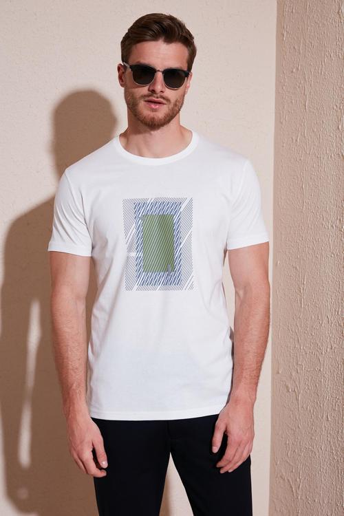 Pamuklu Slim Fit Bisiklet Yaka Erkek T Shirt 646R7930 EKRU
