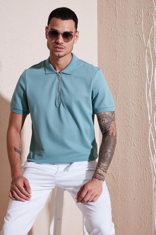Pamuklu Regular Fit Fermuarlı Erkek Polo Yaka T Shirt 5902915 MAVİ