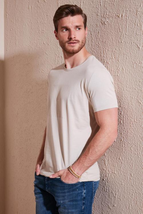 Pamuklu Slim Fit Bisiklet Yaka Erkek T Shirt 646R7940 BEJ