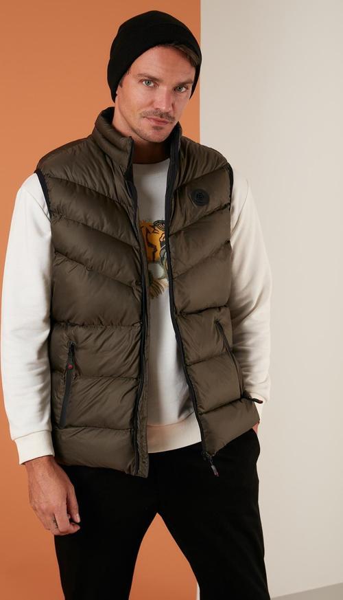 Slim Fit Dik Yaka Cepli Şişme Erkek Yelek 6274850 HAKİ