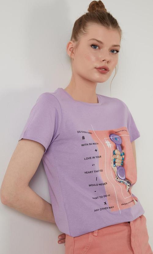 Baskılı Bisiklet Yaka % 100 Pamuk Bayan T Shirt 6001003 LİLA