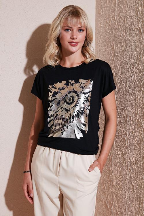 Baskılı Bisiklet Yaka Regular Fit Bayan T Shirt 6671001 SİYAH