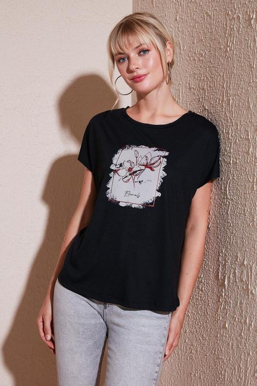 Baskılı Bisiklet Yaka Regular Fit Bayan T Shirt 6671002 SİYAH