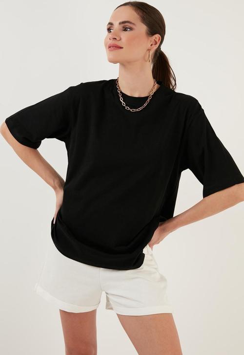 Pamuklu Oversize Bisiklet Yaka Bayan T Shirt 5864562 SİYAH