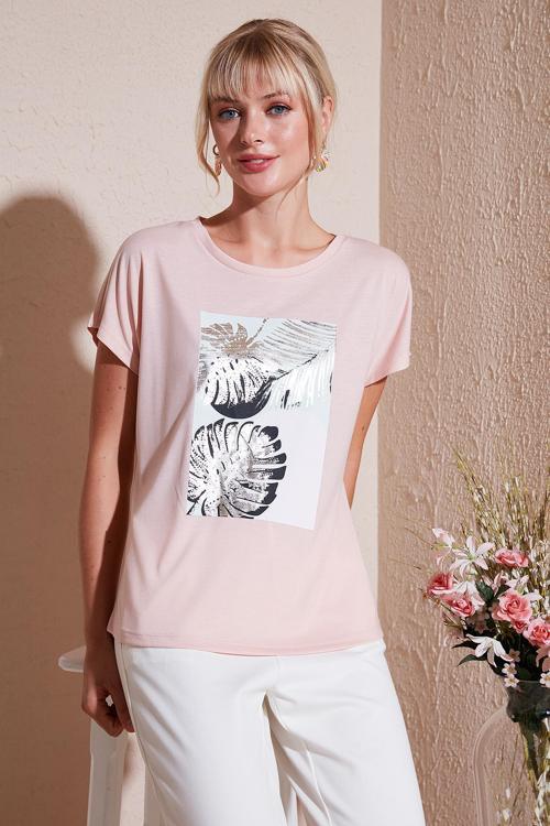 Baskılı Bisiklet Yaka Regular Fit Bayan T Shirt 6671004 PUDRA