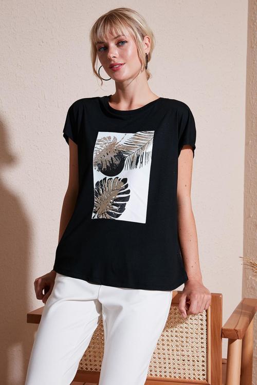 Baskılı Bisiklet Yaka Regular Fit Bayan T Shirt 6671004 SİYAH