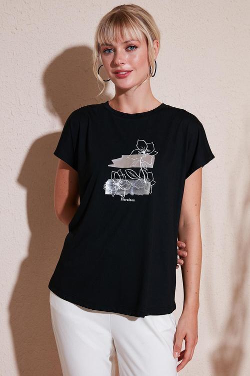 Baskılı Bisiklet Yaka Regular Fit Bayan T Shirt 6671005 SİYAH