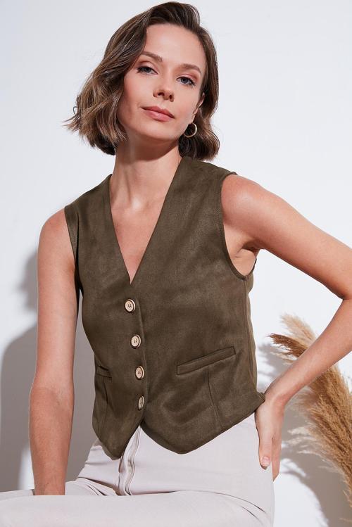 Fitted Scuba Süet V Yaka Düğmeli Bayan Yelek 5865576 HAKİ