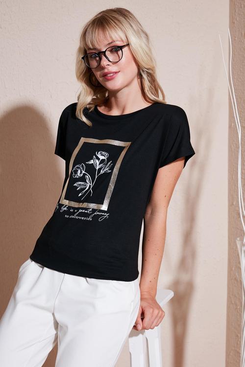 Baskılı Bisiklet Yaka Regular Fit Bayan T Shirt 6671006 SİYAH