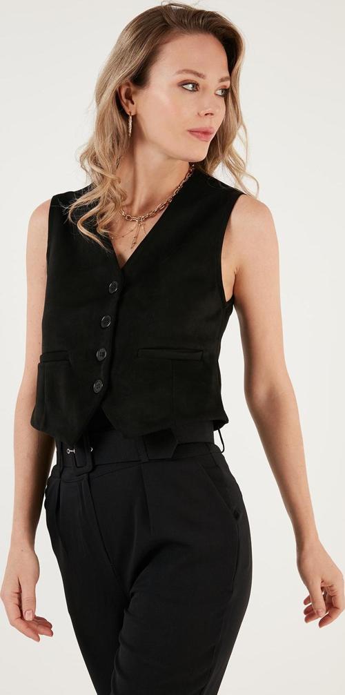 Fitted Scuba Süet V Yaka Düğmeli Bayan Yelek 5865576 SİYAH