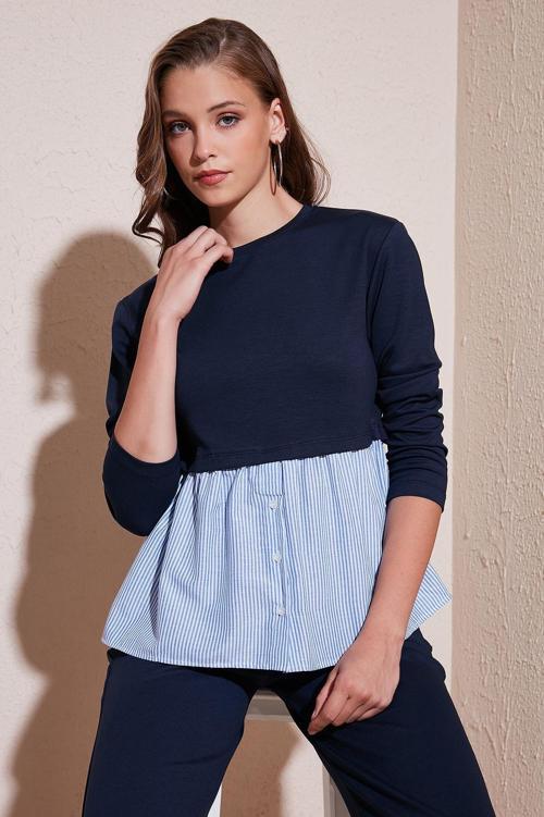 Bisiklet Yaka Gömlekli  Oversize Fit OYSHO Kumaş Bayan Sweat 5865880 LACİVERT