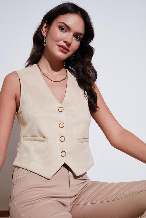 Fitted Scuba Süet V Yaka Düğmeli Bayan Yelek 5865576 TAŞ