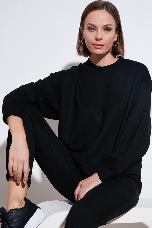 Streç Bisiklet Yaka Oversize Fit Scuba Bayan Sweat 5865879 SİYAH