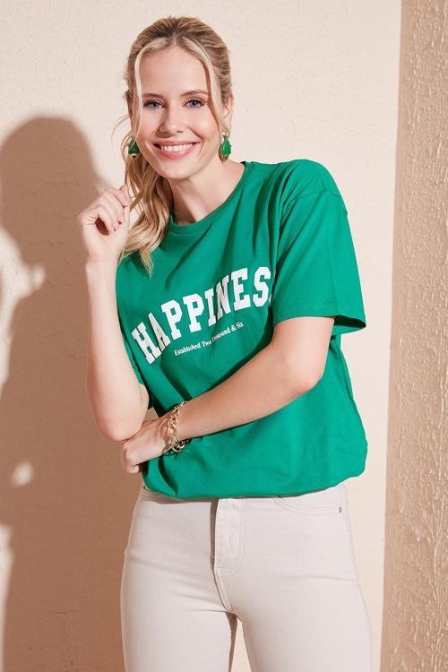 Baskılı Pamuklu Oversize Bisiklet Yaka Bayan T Shirt 541HAPPINESS YEŞİL