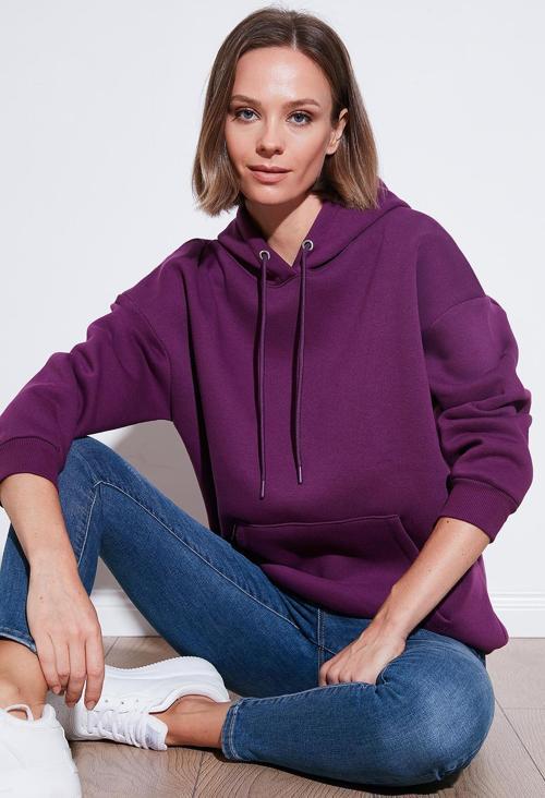 Regular Fit Pamuklu Kapüşonlu Yaka Şardonlu Kışlık Bayan Sweat 5863854 MOR