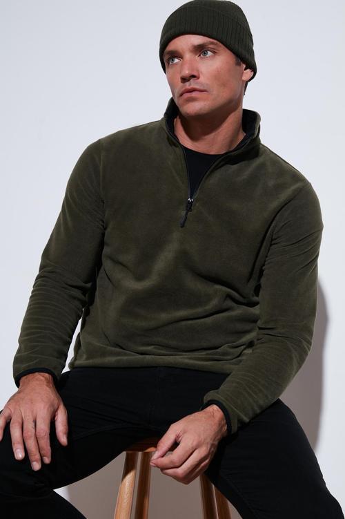 Slim Fit Yarım Fermuarlı Dik Yaka Erkek Polar 5906003 HAKİ