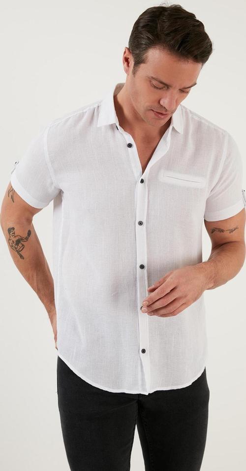 % 100 Pamuk Keten Görünümlü Slim Fit Kısa Kollu Erkek Gömlek CF21S111766 BEYAZ