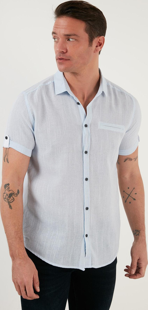 % 100 Pamuk Keten Görünümlü Slim Fit Kısa Kollu Erkek Gömlek CF21S111766 MAVİ