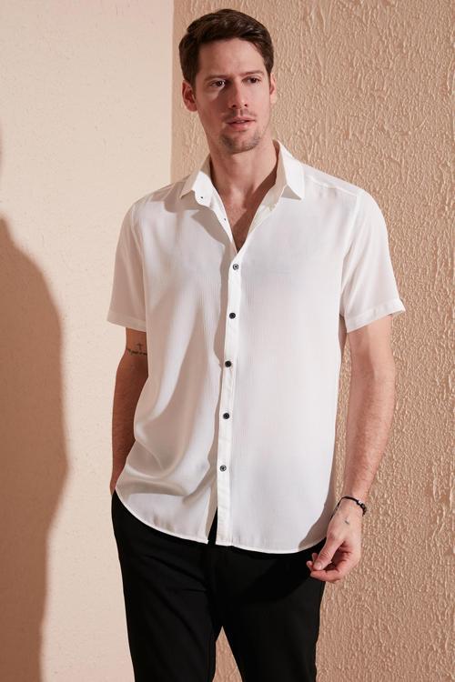 Pamuk Karışımlı Kısa Kollu Regular Fit Erkek Gömlek CF23S113139 BEYAZ