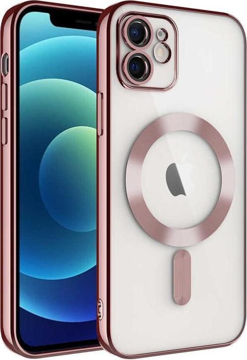 Apple iPhone 12 Mag Safe Özellikli Lens Korumalı Logo Gösteren Şeffaf Silikon Kılıf - Rose Gold