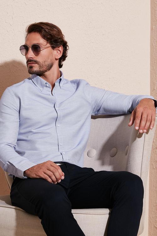 Pamuk Karışımlı Uzun Kollu Slim Fit Erkek Gömlek CF23S7494 LACİVERT