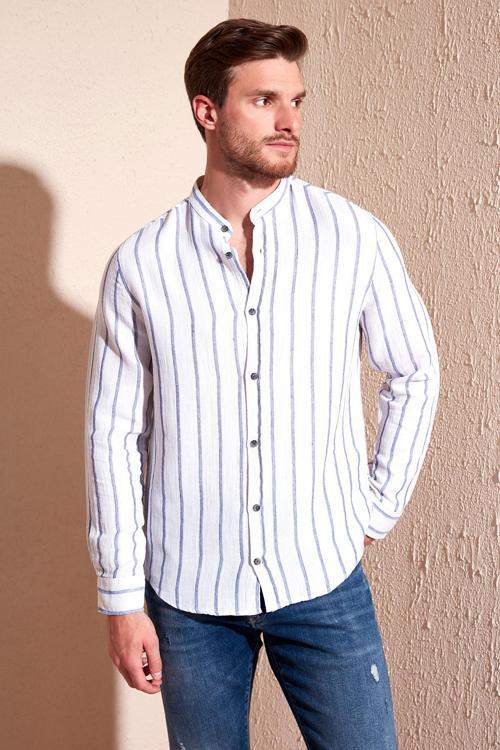 Bant Yaka Çizgili % 100 Pamuk Regular Fit Erkek Gömlek CF23S126828 SAKS