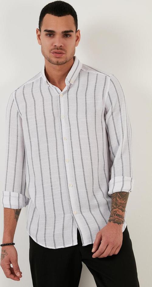 Pamuklu Çizgili Regular Fit Düğmeli Yaka Erkek Gömlek CF21S112480 BEYAZ-LACİVERT