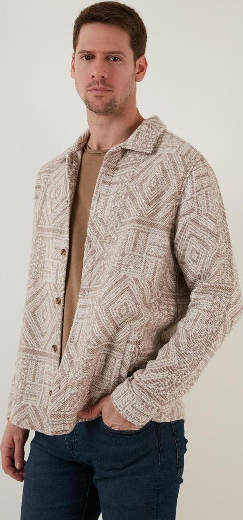 Desenli Slim Fit Cepli Kışlık Erkek Gömlek CF23W346032 BEJ