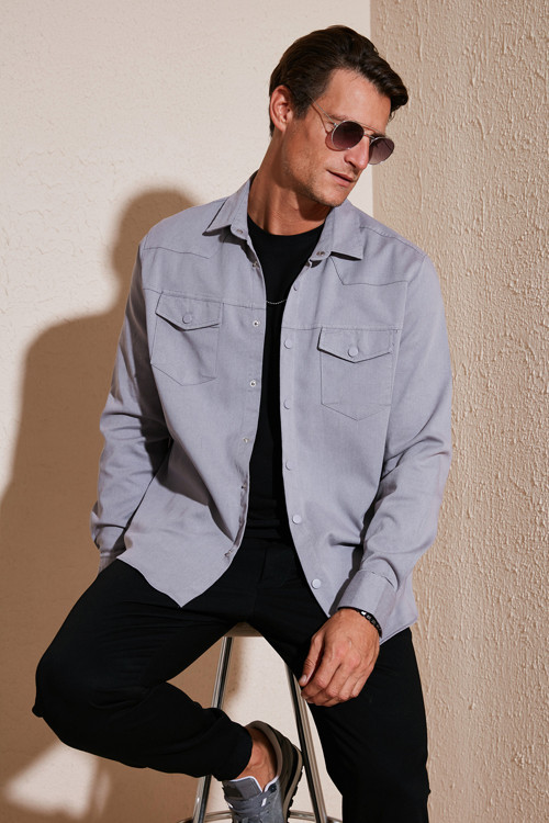 Pamuklu Regular Fit Çift Cepli Erkek Gömlek CF24W116927 GRİ