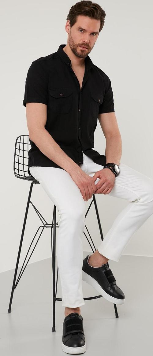 Düğmeli Yaka % 100 Pamuk Slim Fit Cepli Erkek Gömlek CF21S111153 SİYAH