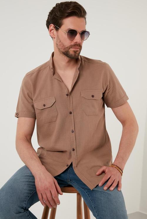 Düğmeli Yaka % 100 Pamuk Slim Fit Cepli Erkek Gömlek CF21S111153 TOPRAK