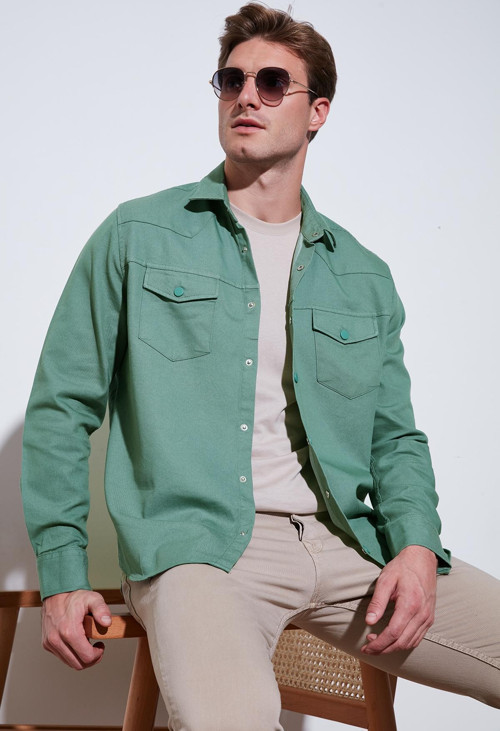 Pamuklu Regular Fit Çift Cepli Erkek Gömlek CF24W116927 HAKİ