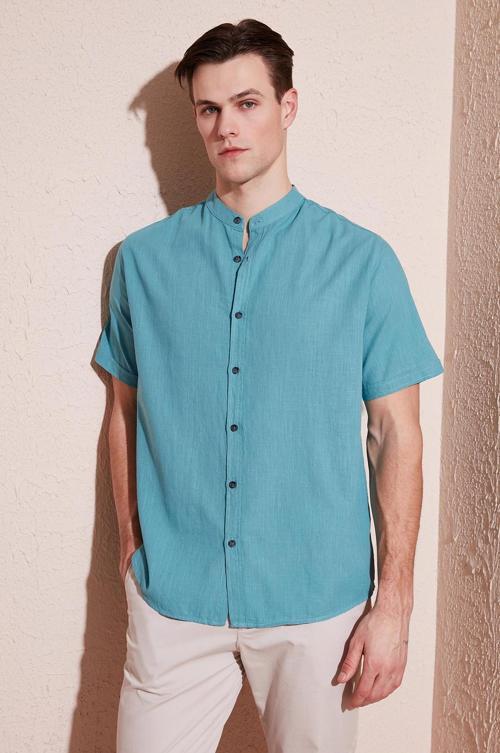 Keten Görünümlü Hakim Yaka Kısa Kol % 100 Pamuk Erkek Gömlek CF21S113899 PETROL
