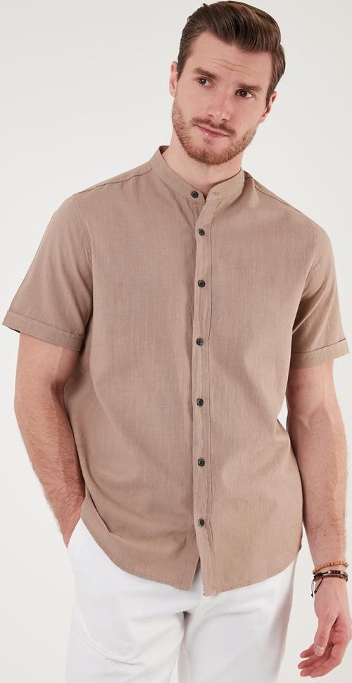 Keten Görünümlü Hakim Yaka Kısa Kol % 100 Pamuk Erkek Gömlek CF21S113899 TOPRAK