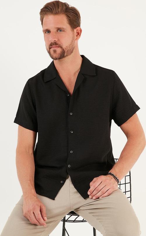 Keten Görünümlü Kısa Kollu Apaş Yaka Regular Fit Erkek Gömlek CF23S116775 SİYAH