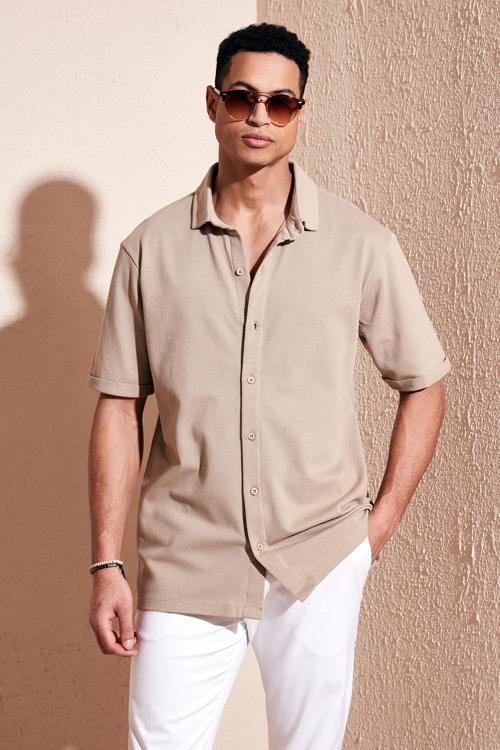 Pamuklu Regular Fit Kısa Kollu Erkek Gömlek 5902724 VİZON