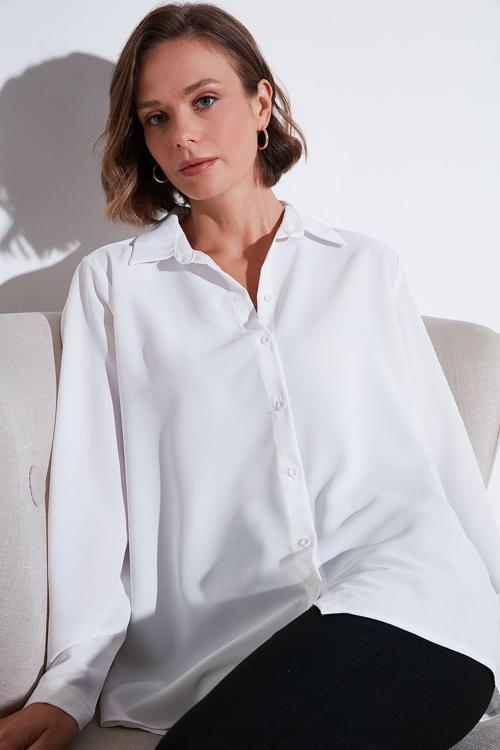 Rahat Kesim Arkası Uzun Bayan Gömlek 6118728W4 EKRU