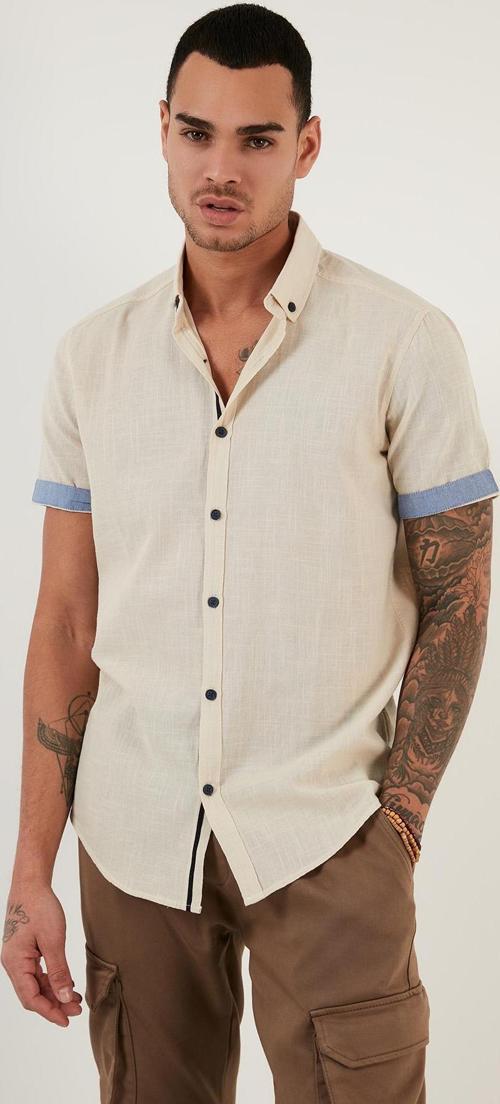 Pamuklu Slim Fit Düğmeli Yaka Kısa Kollu Erkek Gömlek CF21S112546 TAŞ