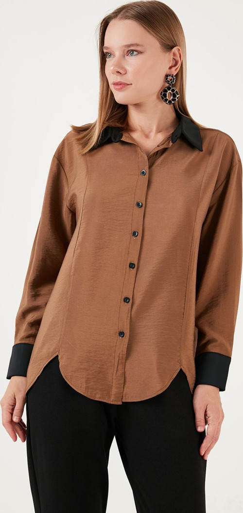 Asimetrik Kesim Oversize Fit Dokuma Bayan Gömlek 611GO0178 CAMEL