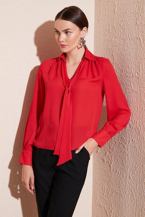 Bağlama Detaylı V Yaka Şifon Bayan Gömlek 611BZ0047 KIRMIZI