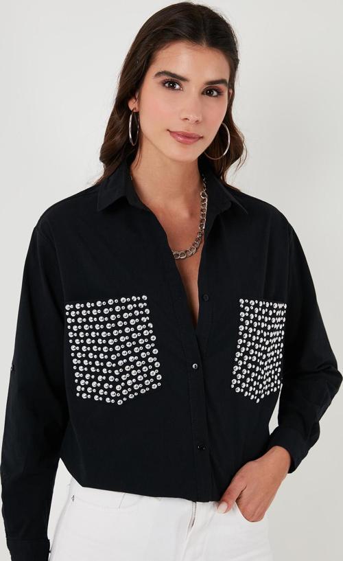 Cepleri Taş Detaylı % 100 Pamuk Oversize Bayan Gömlek 51444781 SİYAH