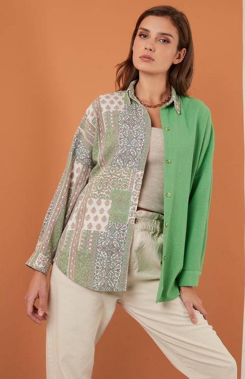 Pamuklu Etnik Desenli Oversize Arkası Uzun Bayan Gömlek 6234629 YEŞİL