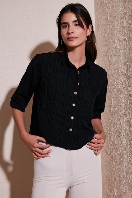 Regular Fit Çift Cepli Kısa Kollu Bayan Gömlek 5865644 SİYAH