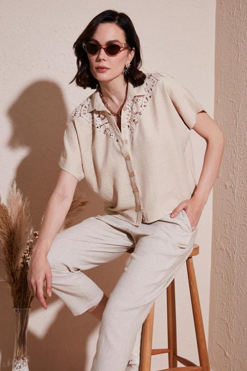 Dantelli Relaxed Fit Kısa Kollu Bayan Gömlek 5865764 TAŞ