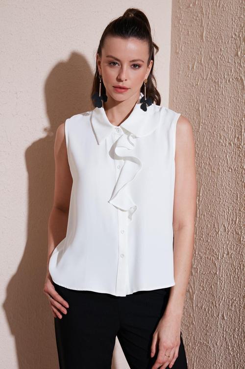 Yakası Volanlı Regular Fit Kolsuz Bayan Gömlek 611GO0110 EKRU