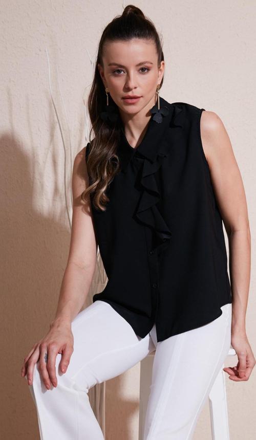 Yakası Volanlı Regular Fit Kolsuz Bayan Gömlek 611GO0110 SİYAH